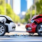 A red and a white car involved in a frontal collision with visible damage and debris on the road.